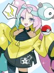  1girl :d aqua_hair bare_shoulders bow-shaped_hair character_hair_ornament commentary_request eyelashes grey_pantyhose hair_ornament holding holding_poke_ball iono_(pokemon) jacket long_hair long_sleeves looking_at_viewer multicolored_hair pantyhose pink_eyes pink_hair poke_ball poke_ball_(basic) pokemon pokemon_sv sharp_teeth single_leg_pantyhose smile solo spoken_lightning_bolt takasaka_light teeth thigh_strap twintails two-tone_hair upper_teeth_only very_long_hair wide_sleeves yellow_jacket 