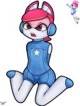 ai_one blue_body electronics female glowing glowing_eyes hair headphones hi_res humanoid machine open_mouth pink_hair pororo_the_little_penguin red_eyes rizal_ok robot robot_anthro robot_humanoid solo