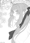  1girl blush character_request commentary_request dog_9uk greyscale hair_ribbon highres korean_commentary long_hair monochrome open_mouth path_to_nowhere ribbon snowing tongue tongue_out twitter_username upper_body 
