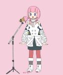  1girl arms_at_sides black_skirt blue_eyes blush boots collared_jacket full_body hair_over_shoulder highres ice_cream_cone jacket kaf_(kamitsubaki_studio) kamitsubaki_studio knee_boots long_bangs long_sleeves looking_at_viewer low_twintails melting microphone_stand open_mouth pantyhose pink_background pink_hair red_pantyhose ringed_eyes sidelocks simple_background skirt solo square_mouth sumi_(qa5t4ii) twintails white_footwear white_jacket yellow_pupils 