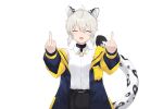  1girl :d ^_^ animal_ear_fluff animal_ears belt belt_buckle black_belt black_shorts blue_jacket buckle cait_aron closed_eyes collared_shirt double_middle_finger dress_shirt facing_viewer fangs grey_hair hair_between_eyes indie_virtual_youtuber jacket kusubashi_shiya leopard_ears leopard_girl leopard_tail long_sleeves middle_finger off_shoulder open_clothes open_jacket puffy_long_sleeves puffy_sleeves shirt shorts simple_background smile solo tail virtual_youtuber white_background white_shirt 