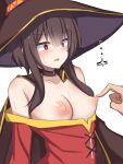  ... 1girl @_@ absurdres anger_vein annoyed bare_shoulders belt belt_collar blush breasts breasts_apart brown_belt brown_cape brown_hair brown_hat cape clothes_pull collar collarbone collared_cape commentary_request dress dress_pull hat highres kono_subarashii_sekai_ni_shukufuku_wo! makochan42 megumin nipple_stimulation nipples off-shoulder_dress off_shoulder open_mouth out_of_frame red_dress red_eyes short_hair_with_long_locks simple_background small_breasts solo spoken_anger_vein sweat upper_body white_background witch_hat 