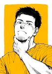 1boy 3kakubg beard black_hair border character_request copyright_request facial_hair frown hand_on_own_chin highres looking_at_viewer male_focus mature_male monochrome original portrait shirt short_hair simple_background solo white_border yellow_background yellow_shirt 