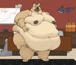 alarm alarm_clock anthro bed bedroom belly belly_overhang beverage big_belly biped canid canine canis clock clothing digital_clock digital_media_(artwork) domestic_dog electronics fat_legs furniture german_shepherd hand_on_belly herding_dog hi_res huge_belly lamp looking_at_viewer male mammal moobs morbidly_obese morbidly_obese_anthro morbidly_obese_male navel nipple_piercing nipples obese obese_anthro obese_male orange_soda overweight overweight_anthro overweight_male pastoral_dog piercing rug soda soda_bottle solo standing thick_thighs underwear whiteboard yasano