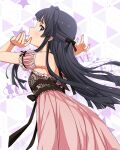  1girl armpits bare_shoulders black_hair blue_eyes blunt_ends blunt_sidelocks bracelet breasts cowboy_shot curtained_hair detached_sleeves dot_nose floral_print frilled_negligee frills from_side hair_ribbon hands_up idolmaster idolmaster_million_live! idolmaster_million_live!_theater_days jewelry layered_nightgown light_blush long_hair looking_at_viewer looking_to_the_side mogami_shizuka official_alternate_costume official_art parted_lips pink_negligee profile puffy_detached_sleeves puffy_sleeves ribbon ribbon-trimmed_sleeves ribbon_trim rose_print sexy_beautiful_(idolmaster) small_breasts solo standing straight_hair 