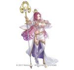  1girl bare_shoulders braid breasts cleavage curvy earrings fire_emblem fire_emblem_heroes full_body holding holding_staff jewelry large_breasts loki_(fire_emblem) long_hair looking_at_viewer maeshima_shigeki mage_staff official_alternate_costume official_art purple_eyes purple_hair smile staff thighhighs thighs veil wide_hips 