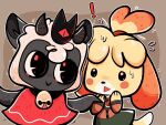 ambiguous_gender animal_crossing anthro bell blush blush_stickers bovid canid canine canis caprine clothed clothing crossover cult_of_the_lamb domestic_dog duo exclamation_point female floppy_ears fluffy horn isabelle_(animal_crossing) lamb_(cult_of_the_lamb) mammal massive_monster_(studio) nervous_sweat nintendo red_crown_(cult_of_the_lamb) sheep shih_tzu smile steammazapan_(artist) toy_dog