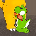  bowser chubby gay hindpaw kneeling koopa long_tongue looking_at_viewer male mario_bros nintendo nishi oral paws penis scalie size_difference tongue tongue_wrap video_games yoshi 