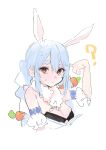  1girl ? animal_ears blue_hair braid breasts carrot cleavage closed_mouth commentary_request hand_up highres hololive iq033 looking_at_viewer medium_breasts multicolored_hair rabbit-shaped_pupils rabbit_ears simple_background sketch solo symbol-shaped_pupils two-tone_hair upper_body usada_pekora usada_pekora_(1st_costume) virtual_youtuber white_background white_hair 
