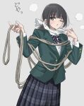  1girl black_hair blush bow bowtie buttons cloth green_suit grey_background holding holding_rope inside_fuwa long_sleeves looking_at_viewer low_ponytail one_eye_closed original plaid plaid_skirt puffy_long_sleeves puffy_sleeves rope school_uniform skirt solo suit sweat 