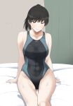  1girl abs absurdres amagami bed black_eyes black_hair black_one-piece_swimsuit breasts competition_swimsuit curtains feet_out_of_frame gyuunyuu_pack_(tanaka) highres large_breasts looking_at_viewer one-piece_swimsuit ponytail short_hair sitting solo swimsuit thigh_gap tsukahara_hibiki two-tone_swimsuit 