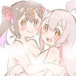  2girls :d absurdres ahoge asymmetrical_docking black_hair blush breast_press breasts brown_eyes commentary completely_nude english_commentary flat_chest hair_between_eyes hair_ornament hair_ribbon hairclip highres hug long_hair mayoineko medium_breasts medium_hair multicolored_hair multiple_girls nude onii-chan_wa_oshimai! open_mouth oyama_mahiro oyama_mihari pink_hair purple_hair red_ribbon ribbon siblings simple_background sisters smile twintails two-tone_hair white_background 