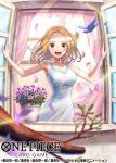  1girl bird blonde_hair brown_eyes commentary_request copyright_name cowboy_shot dress falling_petals floating_hair haru_(toyst) kaya_(one_piece) looking_at_viewer medium_hair official_art one_piece open_mouth petals pink_curtains plant potted_plant sleeveless sleeveless_dress smile solo 