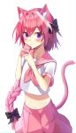 1boy absurdres animal_ear_fluff animal_ears astolfo_(fate) astolfo_(sailor_paladin)_(fate) black_bow blush bow braid cat_boy cat_ears cat_tail cellphone closed_mouth collarbone crossed_bangs fang fate/apocrypha fate/grand_order fate_(series) hair_between_eyes hair_bow hair_intakes highres holding holding_phone kemonomimi_mode long_braid long_hair looking_at_viewer male_focus midriff multicolored_hair navel neckerchief otoko_no_ko phone pink_hair pink_neckerchief pink_sailor_collar pink_serafuku pink_skirt pink_tail pleated_skirt purple_eyes sailor_collar school_uniform serafuku shirt short_sleeves simple_background single_braid skin_fang skirt smartphone solo streaked_hair tail thighhighs two-tone_hair upper_body white_background white_hair white_shirt white_thighhighs yeoru 