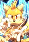  1boy animal_ears artist_logo artist_name dated energy_ball furry furry_male gloves highres looking_at_viewer nic_kenten red_eyes solo sonic_(series) super_tails tails_(sonic) white_gloves yellow_fur 