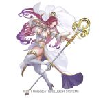  1girl bare_shoulders braid breasts cleavage curvy earrings fire_emblem fire_emblem_heroes full_body holding holding_staff jewelry large_breasts loki_(fire_emblem) long_hair looking_at_viewer maeshima_shigeki mage_staff official_alternate_costume official_art purple_eyes purple_hair smile staff thighhighs thighs veil 