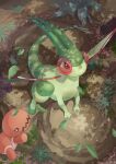  colored_skin dragon evolutionary_line flygon from_above green_skin green_tail green_wings highres leaf looking_up nature no_humans orange_skin outdoors pokemon pokemon_(creature) pokemon_airy red-tinted_eyewear rock tinted_eyewear trapinch wings 