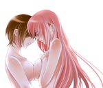  blush breast_press breasts brown_eyes brown_hair closed_eyes large_breasts long_hair megurine_luka meiko multiple_girls nude pink_hair profile short_hair simple_background symmetrical_docking toyu vocaloid yuri 