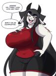 2024 2_horns alternate_form anthro big_breasts black_bottomwear black_clothing black_hair black_horn black_shorts bottomwear bovid breasts caprine clothing dewwydarts dialogue english_text female fur goat hair hi_res horn long_hair looking_at_viewer mammal nyx_(dewwydarts) occult_symbol open_mouth pentagram red_clothing red_eyes red_shirt red_topwear shirt shorts solo speech_bubble symbol text thick_thighs topwear white_body white_fur wide_hips