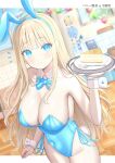  1girl animal_ears blonde_hair blue_bow blue_bowtie blue_eyes blurry blurry_background bow bowtie breasts cake cake_slice cleavage collar collarbone comiket_102 covered_navel detached_collar fake_animal_ears food fork holding holding_tray large_breasts leotard long_hair mizukoshi_(marumi) original plate playboy_bunny rabbit_ears rabbit_tail side-tie_leotard solo strapless strapless_leotard tail translation_request tray white_collar white_wrist_cuffs wrist_cuffs 
