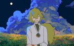  1boy ^_^ closed_eyes cloud cloudy_sky commentary facing_viewer field grass green_hair hair_between_eyes highres long_hair male_focus moon n_(pokemon) night outdoors pokemon pokemon_bw shirt sky smile solo standing white_shirt zero_(sleepy_meltan) 