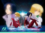  1boy 1girl athrun_zala back-to-back blonde_hair blue_hair cagalli_yula_athha couple green_eyes gundam gundam_arsenal_base gundam_seed hirai_hisashi military_uniform official_art pilot_suit short_hair sitting_on_water smile space spacesuit uniform yellow_eyes 