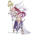  1girl bare_shoulders braid breasts cleavage curvy earrings fire_emblem fire_emblem_heroes full_body holding holding_staff jewelry large_breasts loki_(fire_emblem) long_hair looking_at_viewer maeshima_shigeki mage_staff official_alternate_costume official_art purple_eyes purple_hair smile staff thighhighs thighs torn_clothes veil wide_hips 