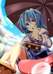  absurdres blue_eyes blue_hair blush cloud day face geta heterochromia highres karakasa_obake looking_at_viewer oriental_umbrella purple_umbrella red_eyes short_hair sky solo tatara_kogasa tongue touhou umbrella wakagi_repa 