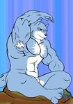  anus balls biceps blue blue_fur canine flaccid flexing fur hair huge_muscles male mammal muscles nude pecs penis pose sheath sitting smile solo toned vein veins water waterfall white white_fur wolf 
