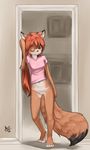  bottomless canine clothed clothing cub female fox hair half-dressed kris looking_at_viewer mammal one_eye_closed pussy red_hair skimpy solo young 