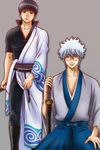  artist_request bespectacled black_hair brown_eyes cosplay costume_switch gintama glasses hadanugi_dousa japanese_clothes katana kimono long_sleeves male_focus multiple_boys official_art red_eyes sakata_gintoki sakata_gintoki_(cosplay) sheath sheathed shimura_shinpachi shimura_shinpachi_(cosplay) short_sleeves silver_hair sword weapon 