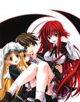  1boy 2girls absurdres asia_argento blonde_hair green_eyes high_school_dxd highres highress hyoudou_issei long_hair miyama-zero multiple_girls official_art pimp red_hair rias_gremory wings 