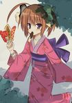  ahoge bow bracelet brown_hair candy_apple chocolate_banana food hair_bow haruna_(kore_wa_zombie_desu_ka?) hot_dog ikayaki japanese_clothes jewelry kimono kore_wa_zombie_desu_ka? lokiyoe mask pink_kimono purple_eyes short_hair solo yukata 