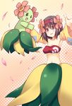  akane_souichi bare_shoulders bellossom black_eyes black_hair blush breasts cleavage cosplay detached_sleeves erika_(pokemon) flower gen_2_pokemon hair_flower hair_ornament headband medium_breasts midriff navel petals pokemon pokemon_(creature) pokemon_(game) short_hair solo 