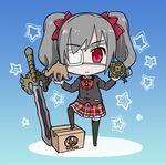  black_legwear bow box cardboard_box chuunibyou_demo_koi_ga_shitai! cosplay drill_hair eyepatch hair_bow idolmaster idolmaster_cinderella_girls kanzaki_ranko on_box plaid plaid_skirt red_eyes school_uniform seiyuu_connection short_hair silver_hair skirt solo sword takanashi_rikka takanashi_rikka_(cosplay) thighhighs tottori trait_connection twin_drills twintails uchida_maaya weapon zettai_ryouiki 