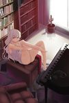  bare_legs bare_shoulders barefoot book bookshelf brown_eyes cactus cat chair easy_chair feet hareno_chiame indoors instrument long_hair looking_at_viewer messy_hair original ottoman panties piano pillow pot shadow sitting solo strap_slip underwear very_long_hair window 