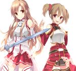  aosaki_yukina asuna_(sao) bad_id bad_pixiv_id breastplate brown_eyes brown_hair long_hair multiple_girls red_eyes short_hair silica sword sword_art_online thighhighs twintails weapon 