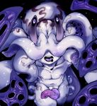  1boy :d air_bubble black_background blush bubble collarbone doppel_(pixiv) highres inverted_nipples looking_at_viewer male_focus monster_boy nude open_mouth original penis purple_eyes purple_skin purple_tongue simple_background smile solo teeth tentacle tongue 
