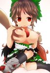  blush breast_grab breast_squeeze breasts brown_hair female grabbing highres lactation nipples open_clothes open_mouth open_shirt red_eyes reiuji_utsuho shirt tears touhou uncensored wings 