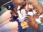  2girls blush breasts brown_hair game_cg mahou_senshi_extra_stage nipples nopan saitou_natsuki seifuku skirt thighhighs 