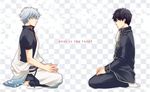  black_hair checkered checkered_background engrish gintama hadanugi_dousa hijikata_toushirou japanese_clothes kas92 kimono letterboxed long_sleeves male_focus multiple_boys ranguage sakata_gintoki seiza short_sleeves silver_hair sitting uniform 