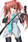  ;d \m/ aloe_(quiz_magic_academy) brown_hair cosplay detached_sleeves hatsune_miku hatsune_miku_(cosplay) long_hair macross macross_frontier microphone microphone_stand necktie one_eye_closed open_mouth parody quiz_magic_academy seikan_hikou smile solo thighhighs twintails vocaloid yoshiharu 