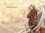  angel_wings belt blonde_hair chain edward_elric fullmetal_alchemist gloves long_hair male_focus non-web_source orange_eyes solo sword wallpaper weapon wings 