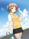  :o bag black_skirt cowboy_shot dasoku_sentarou day food holding holding_bag necktie original outdoors plaid plaid_skirt pleated_skirt popsicle school_uniform short_hair short_sleeves skirt solo sweatdrop sweater_vest two_side_up vest 