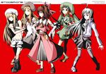  4girls androgynous beret blonde_hair brown_eyes brown_hair crossover dress eryth_millfall full_body green_hair grey_legwear gundemonium hakurei_reimu hat hellsinker hermaphrodite kudryavka_(ray-kudryavka) loafers long_sleeves minogame_(hellsinker) multiple_crossover multiple_girls ray-kudryavka red_background red_dress shoes side_ponytail sidelocks silver_hair simple_background suguri suguri_(character) tamajam thighhighs touhou zettai_ryouiki 