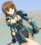  amami_haruka armor breasts brown_hair cleavage collar cosplay fantasy_earth_zero gauntlets gloves green_eyes hair_ribbon idolmaster idolmaster_(classic) idolmaster_1 large_breasts muhi11234 ribbon short_hair solo spikes weapon 