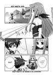  1girl arm_garter asclepius blush blush_stickers bow choker coat comic erio_mondial facial_mark fingerless_gloves forehead_mark gloves greyscale hard_translated lutecia_alpine lyrical_nanoha magical_boy magical_girl mahou_shoujo_lyrical_nanoha_strikers mikage_takashi monochrome open_clothes open_coat strada translated 