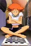  androgynous bike_shorts board_game chess cowboy_bebop edward_wong_hau_pepelu_tivrusky_iv goggles indian_style midriff non-web_source red_hair reverse_trap short_hair sitting solo tank_top tomboy 