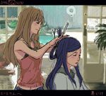  2girls closed_eyes cutting_hair dated fujino_shizuru hairdressing ikeda_(cpt) indoors kuga_natsuki letterboxed long_hair multiple_girls my-hime oekaki scissors 