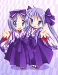  bashamichi blue_eyes chibi hair_ribbon hiiragi_kagami hiiragi_tsukasa japanese_clothes kimono long_hair lucky_star multiple_girls osayo purple purple_hair ribbon short_hair siblings sisters twins twintails waitress yagasuri 